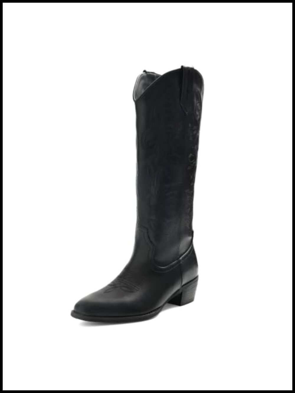 Faux Leather Cowboy Boots Mid Calf Western Block Heel Square Toe